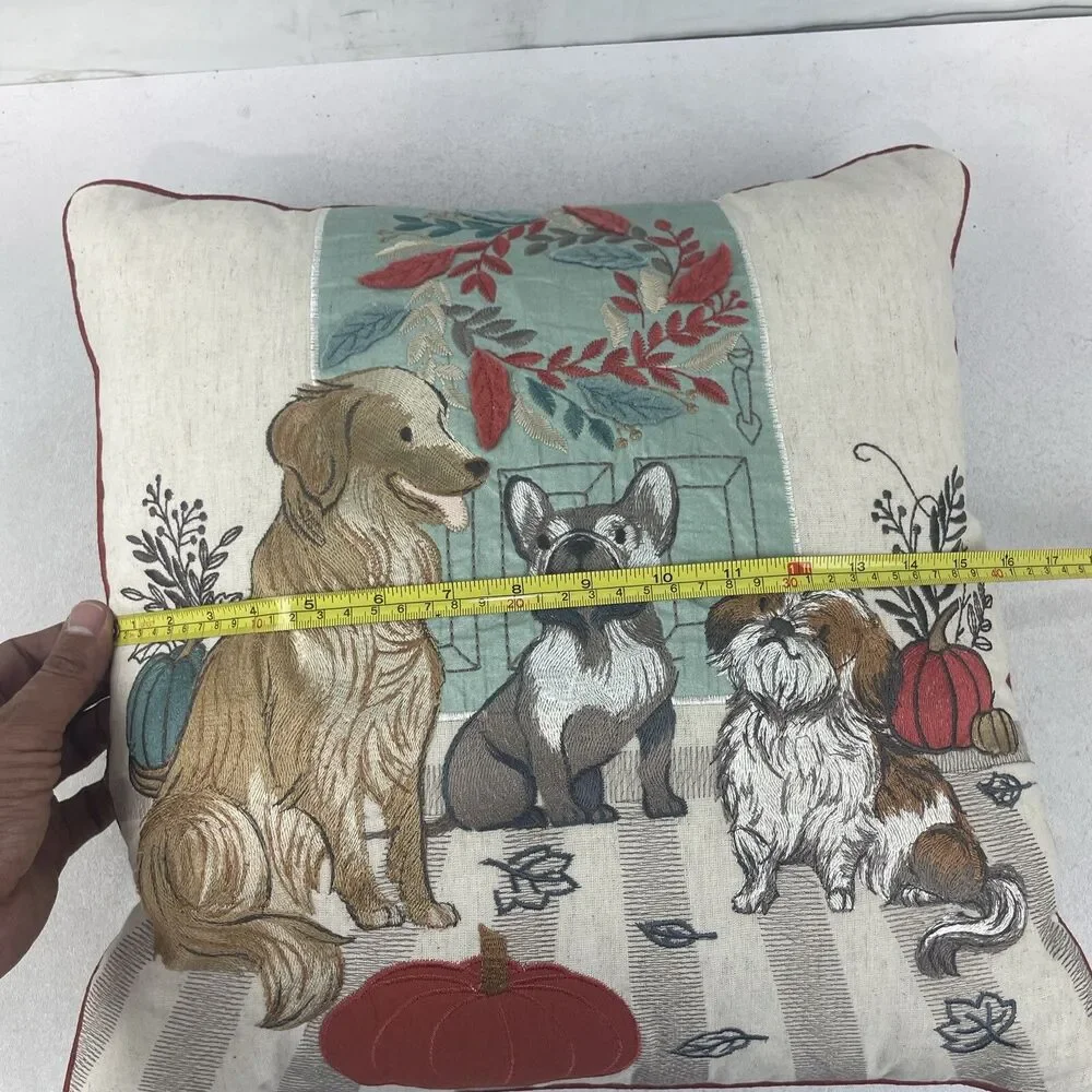 Pier 1 One Embroidered  Autumn Dog  French Bulldog Golden Retriever Pillow